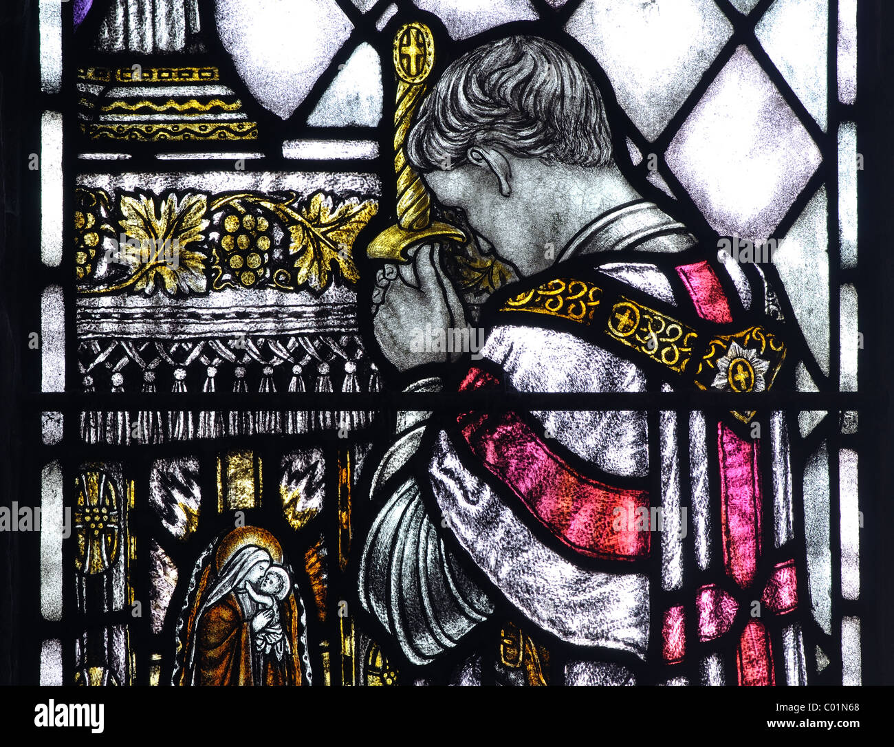 Memorial window in St. Andrew`s Church, Great Staughton, Cambridgeshire, England, UK Stock Photo